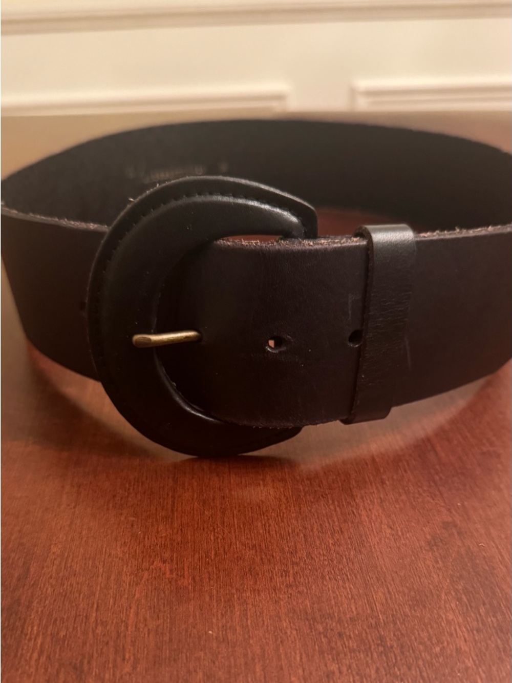 Anthropologie Black Leather Belt with Round Buckle -2 1/5" Wide, 37" Length